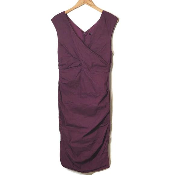 Eileen Fisher V Neck Sleeveless Shirred Cotton Silk Purple Midi Dress Size 10